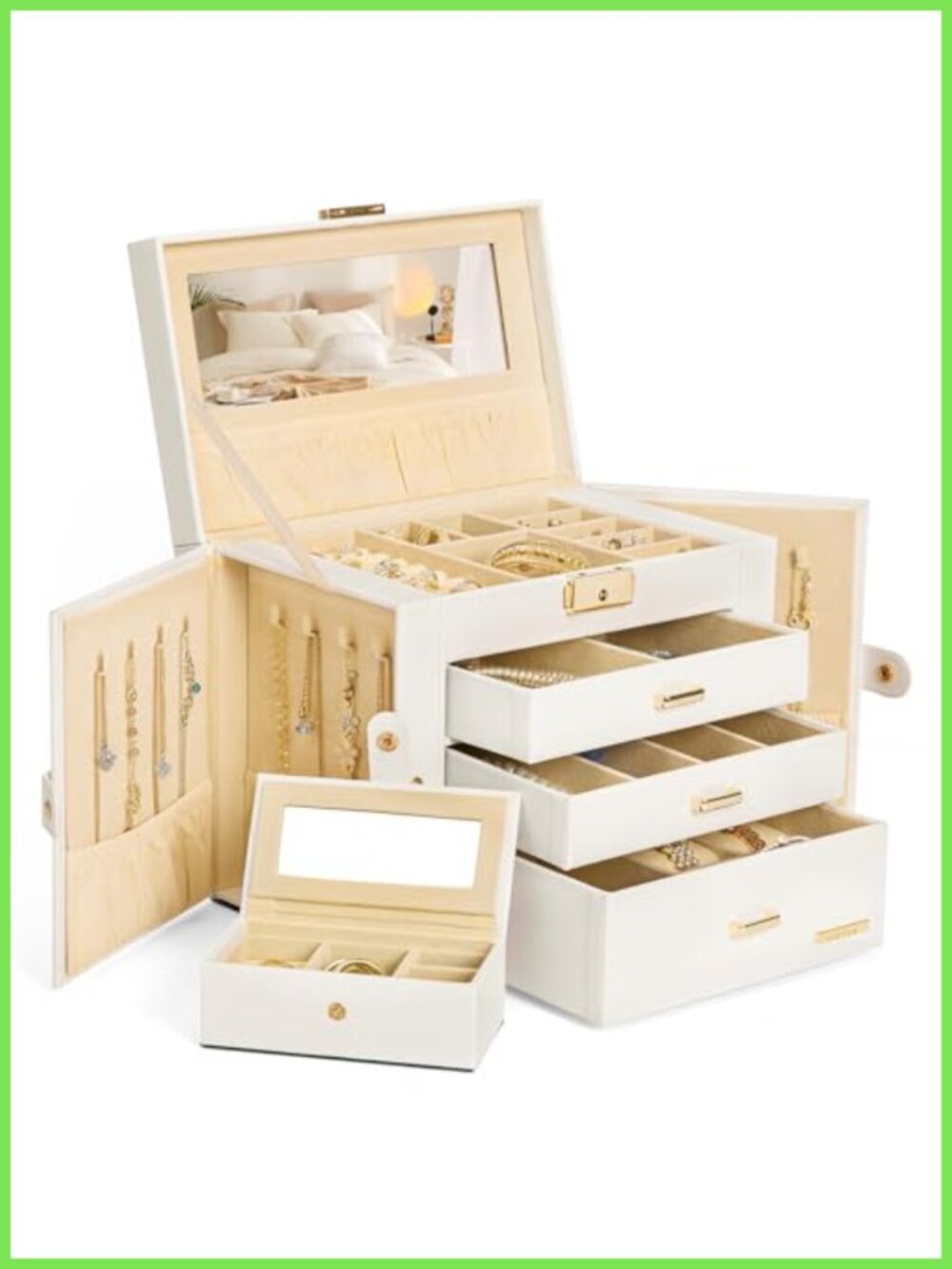 4-Layer Leather Jewelry Box with Travel Case Lockable Mirror Organizer